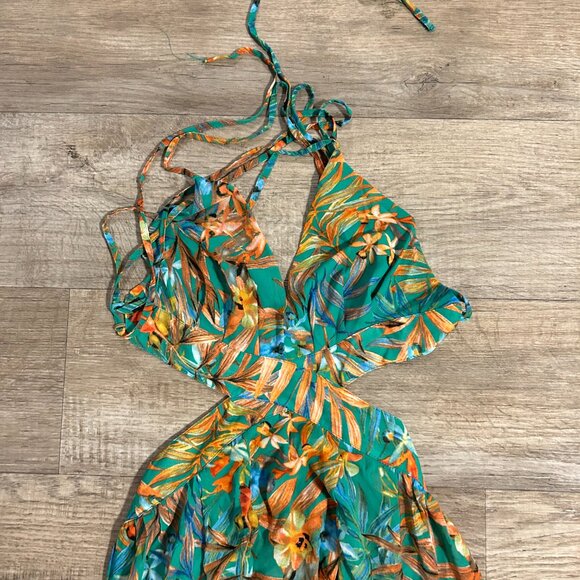 Shein Plunging Neck Crisscross Tie Back Split Tropical Print Maxi Dress - Medium - Picture 3 of 5